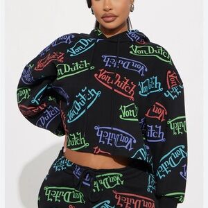 Von Dutch Women's Black Crop Hoodie with Colorful Logo Pattern size L